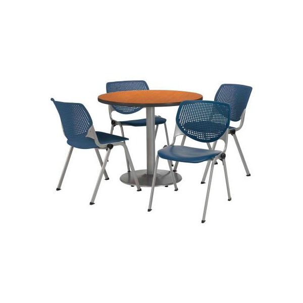 42" Round Dining Table & Chair Set, Medium Oak Table With Navy Plastic Chairs